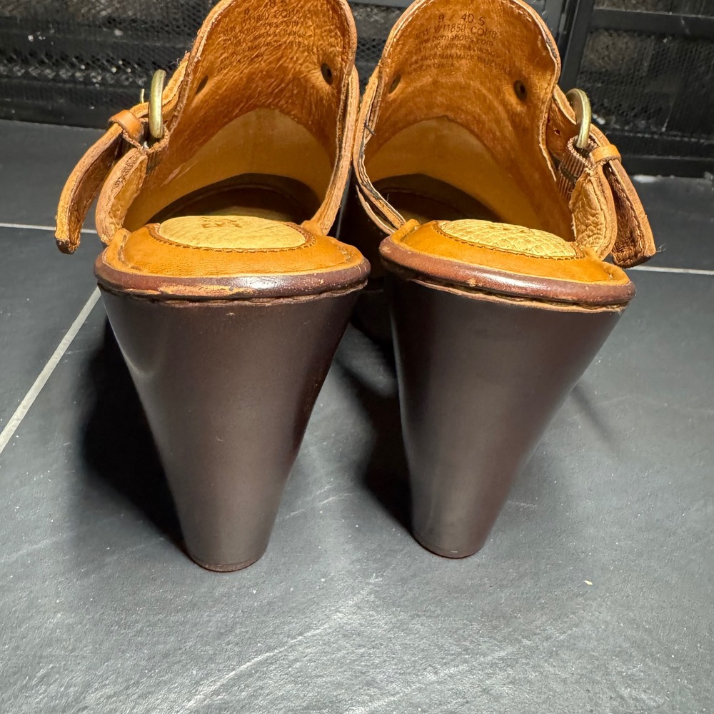 Born Womens Tan Leather Clogs Buckle Strap Platform Block Heel Mules 9 40.5 - Picture 5 of 10